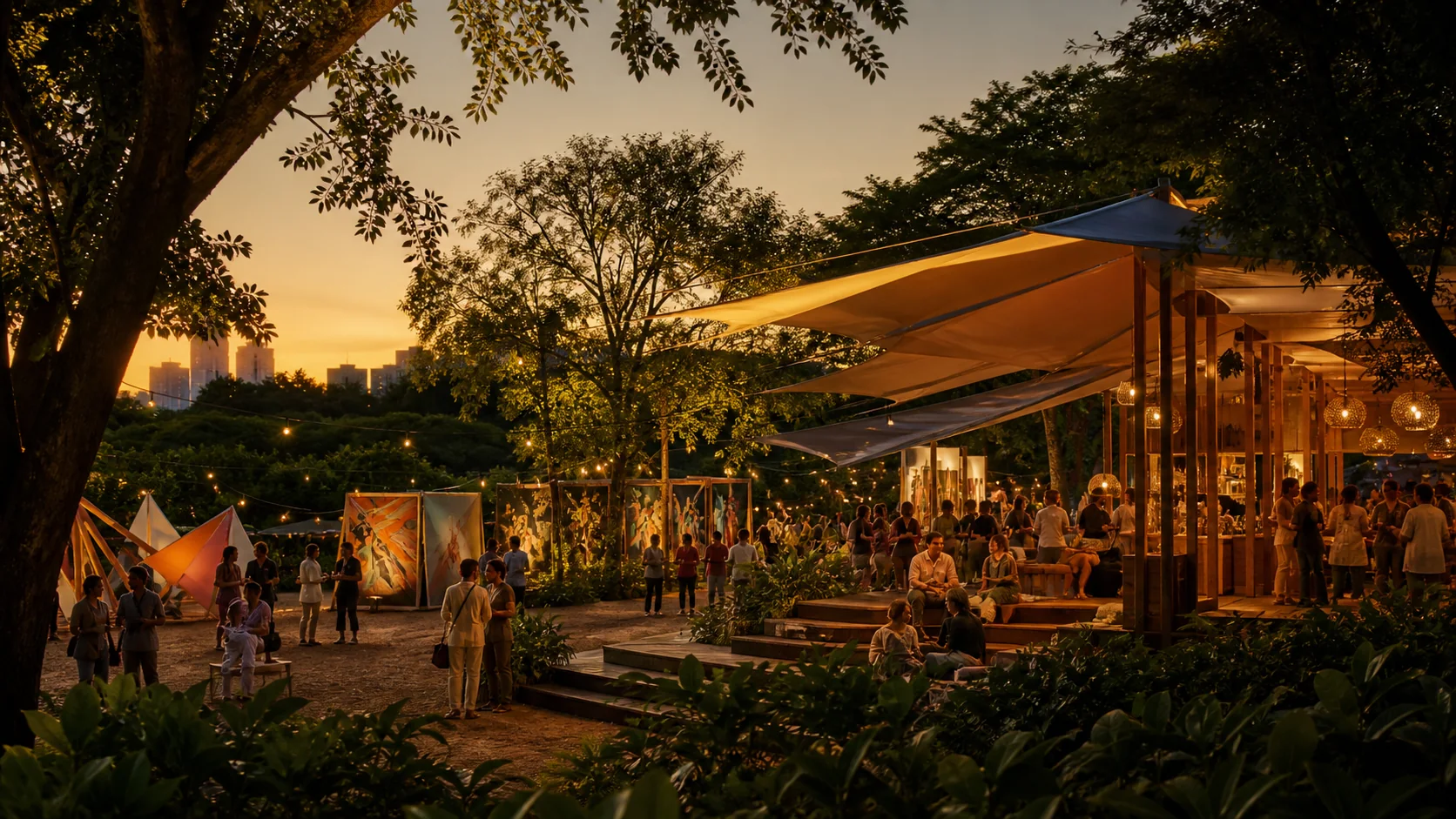 Festival ao ar livre entre árvores, instalações de arte e luzes douradas